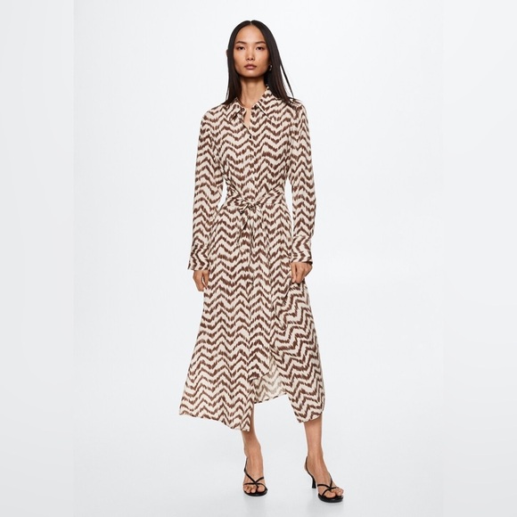 Mango MNG Printed Shirt Dress Belted Midi Brown - Picture 1 of 6
